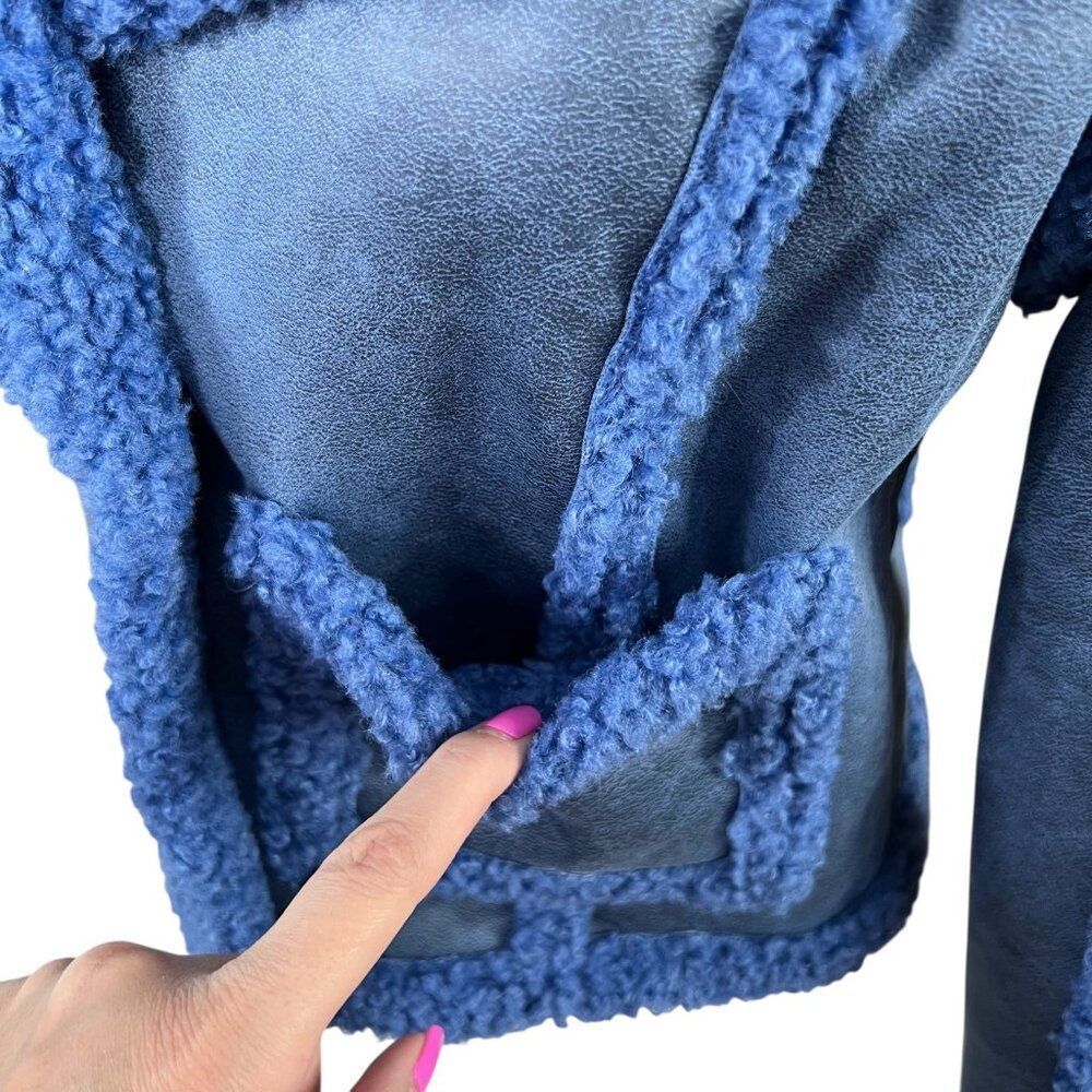Avec Les Filles Anthropologie Boxy Cropped Fabric Mix Coat Faux Suede Blue Size - Picture 5 of 9